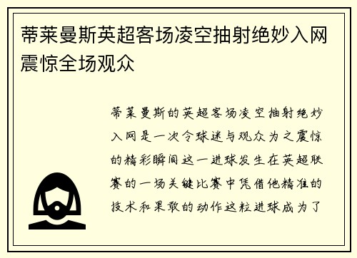 蒂莱曼斯英超客场凌空抽射绝妙入网震惊全场观众