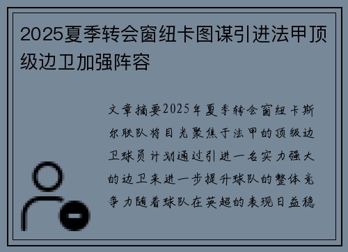 2025夏季转会窗纽卡图谋引进法甲顶级边卫加强阵容 2025夏季转会窗纽卡图谋引进法甲顶级边卫加强阵容